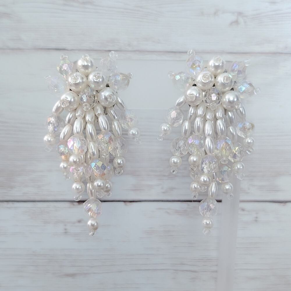 Vintage Clip On Earrings Off White & Iridescent Long Statement Dangle